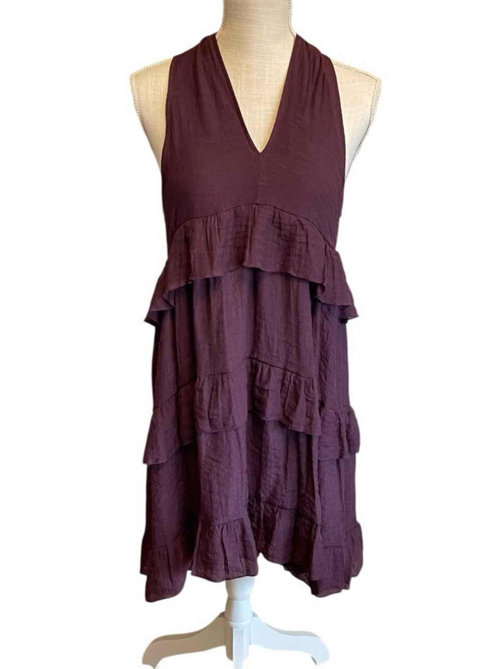 Sleeveless V-Neck Tiered Midi Dress in Deep Plum - Picture 2 of 9